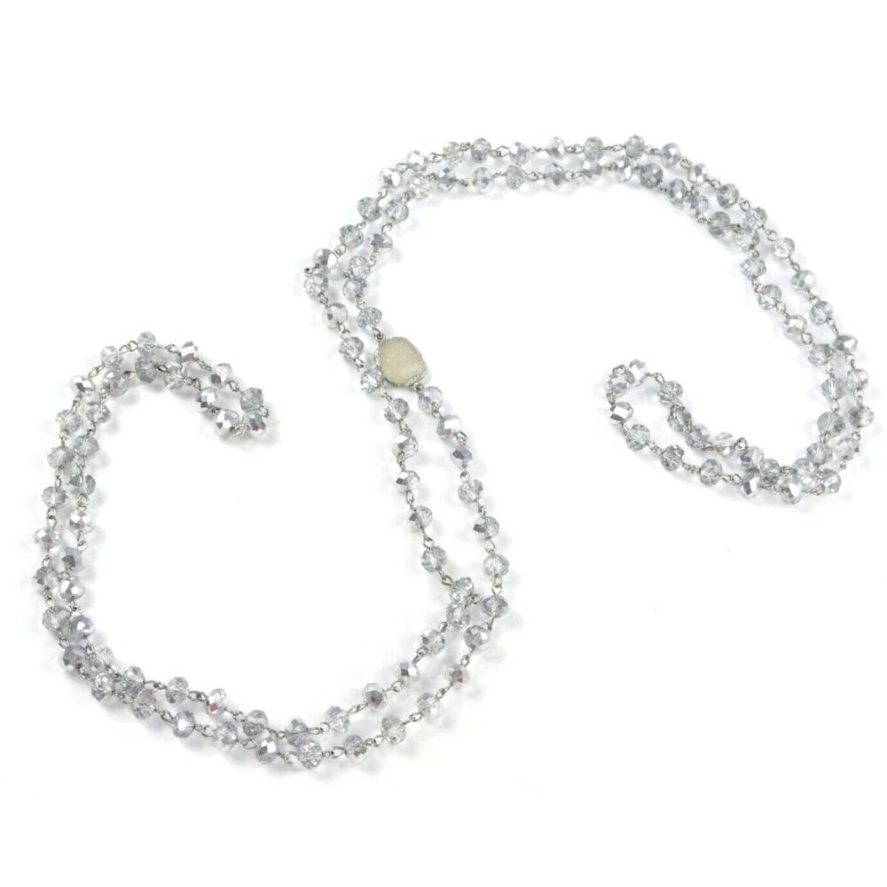 Flapper Length Long Smokey Faceted Crystal Druzy Station Necklace 56" Long